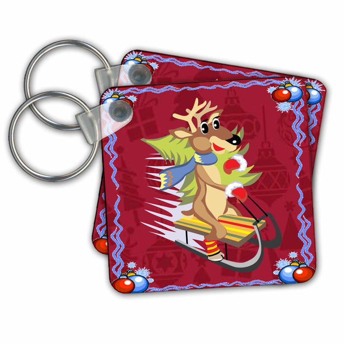 Key Chain - Reindeer Riding On Sleigh With Christmas Tree Jr Christmas