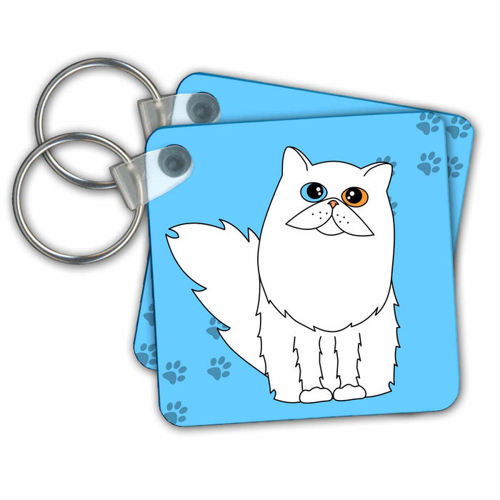 Key Chain - White Odd Eyed Long-haired / Persian Cat Paw-print Designs Cats