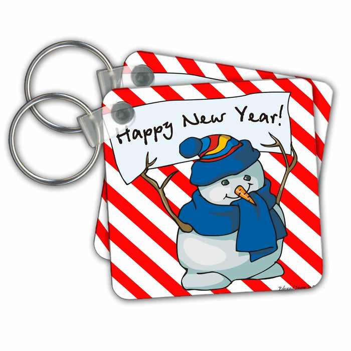 Key Chain - Happy New Year Snowman With Candy Cane Background Jr Christmas