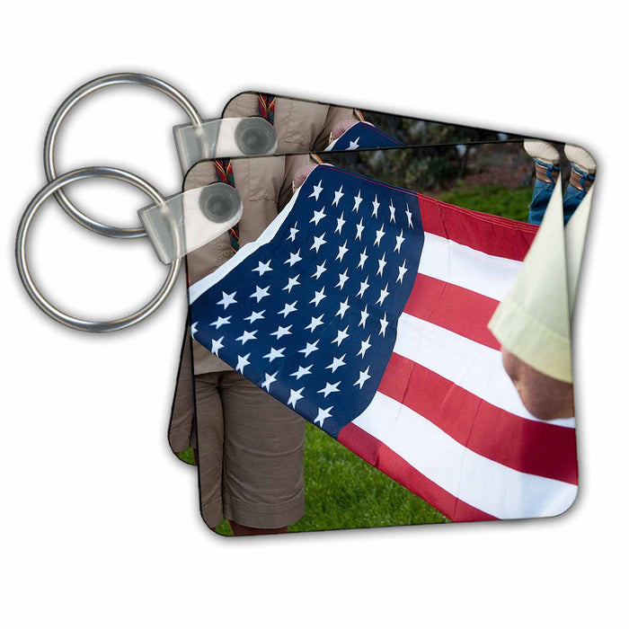 Key Chain - Women with the Scouts at an LDS Ceremony Folding the American Flag Realistic