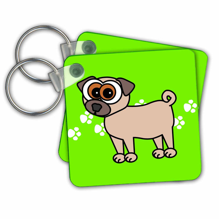 Key Chain - Tan Pug and Paw prints Designs Dogs