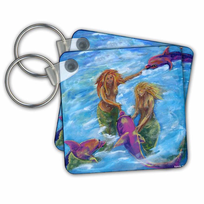 Key Chain - Mermaids and Pink Porpoises,Whimsical creatures play in the ocean. s Whimsical Sea Creatures