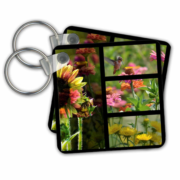 Key Chain - Summer Garden Collage- Hummingbird and Flowers PS Flowers