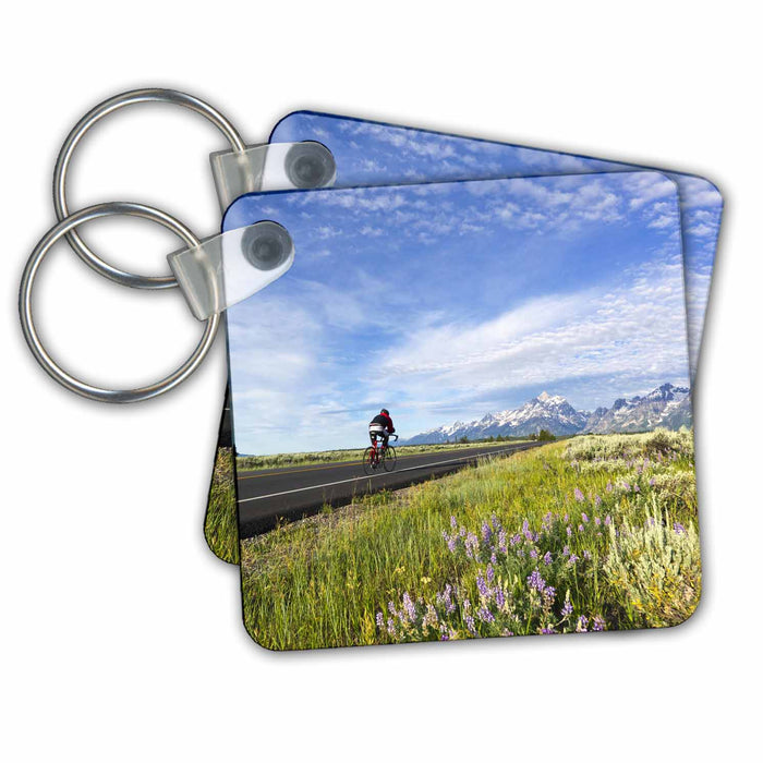 Key Chain - Bicyclist on empty road, Grand Teton NP, Wyoming - US51 CHA0156 - Chuck Haney Bicycling