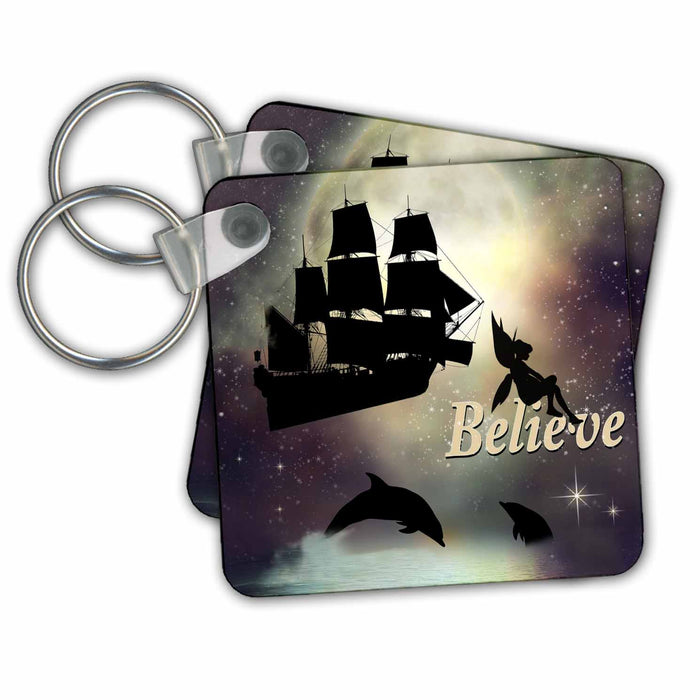 Key Chain - Believe with Fairy, Dolphins, and Ship Silhouettes over Moon Fantasy