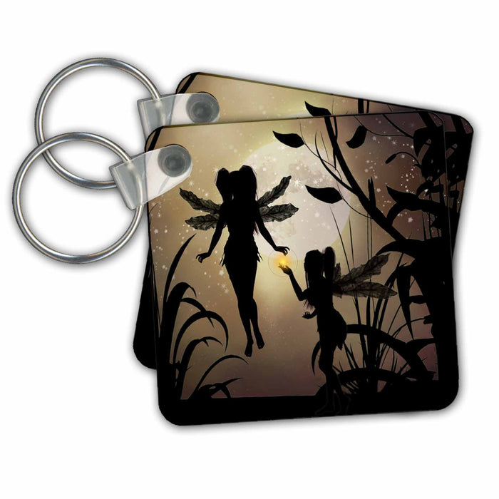 Key Chain - Fairies Silhouetted Over Gold Moon Fairies