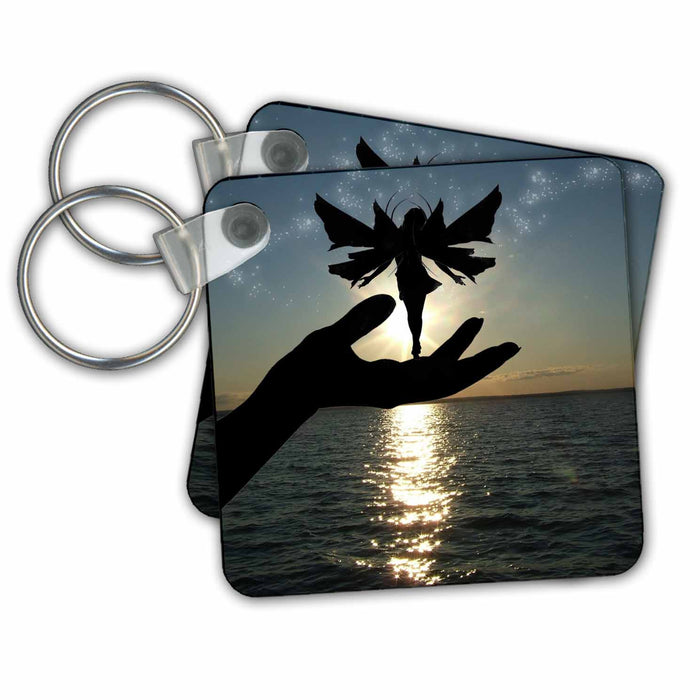 Key Chain - Fairy Dancing In Hand Silhouetted In Front of Ocean and Sun Fairies