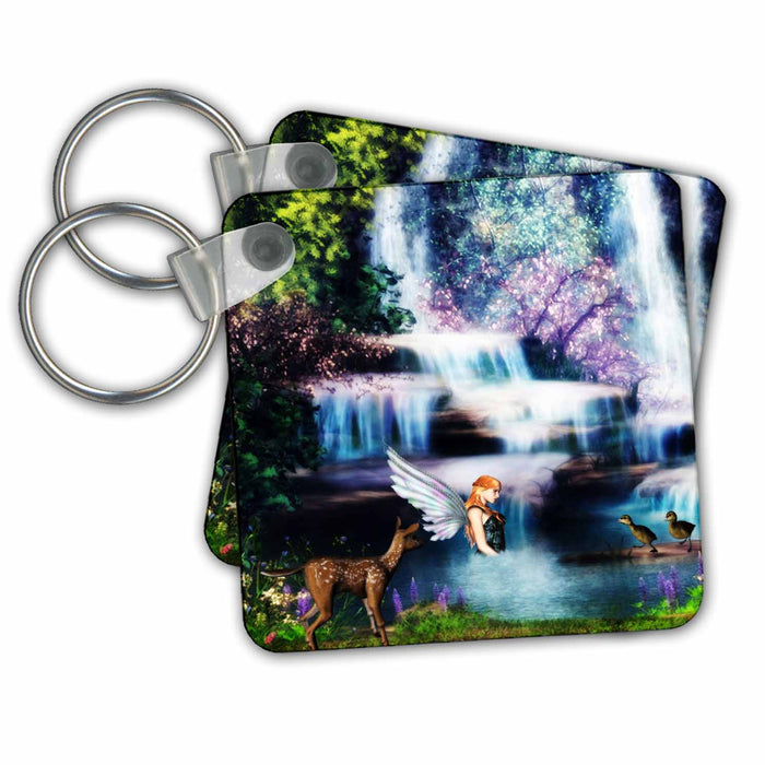 Key Chain - Fairy With Deer and Ducks At Waterfall Fantasy