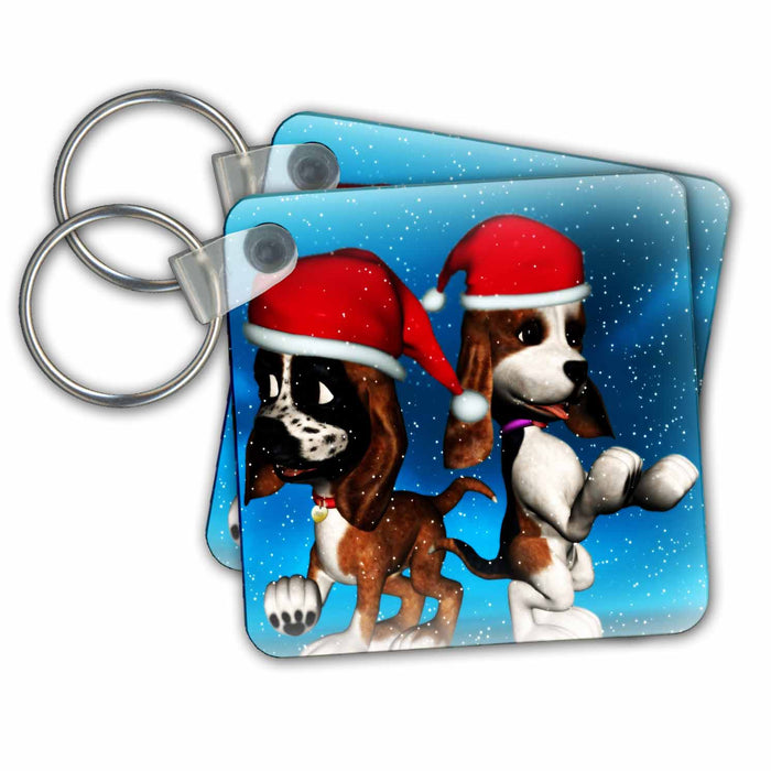 Key Chain - Christmas Basset Hound Puppies Playing In Snow Toons