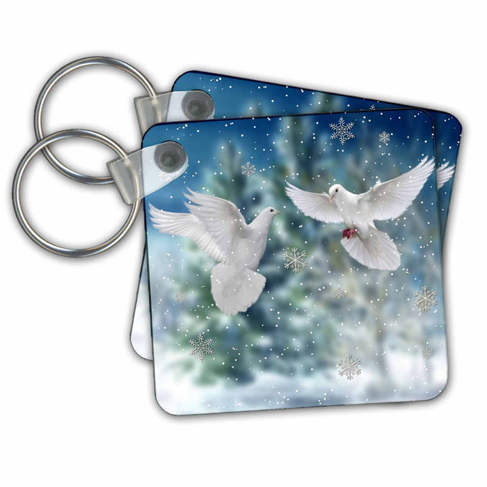 Key Chain - Beautiful White Doves With Snowflakes And Pine Trees Birds