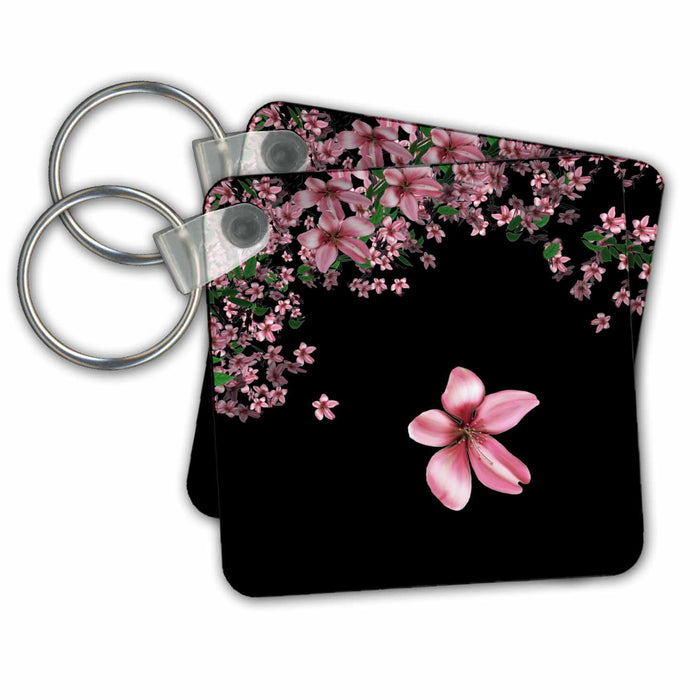 Key Chain - Pink And White Cherry Blossoms On Black Background Florals