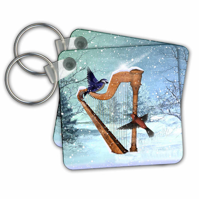 Key Chain - Bluebird And Hummingbird With A Harp In The Snow Winter And Christmas