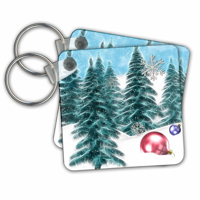 Key Chain - Fractal Color Outlined Pine Trees And Christmas Ornaments In Snow Winter And Christmas