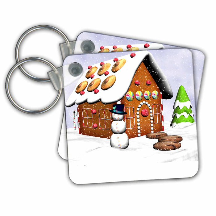 Key Chain - Gingerbread House With Snowman Winter And Christmas