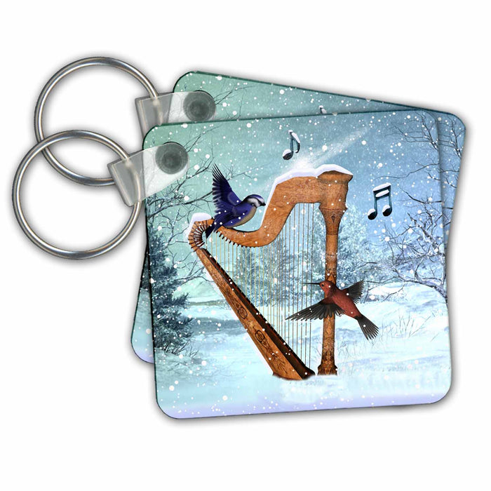 Key Chain - Bluebird And Hummingbird With A Harp In The Snow And Musical Notes Winter And Christmas