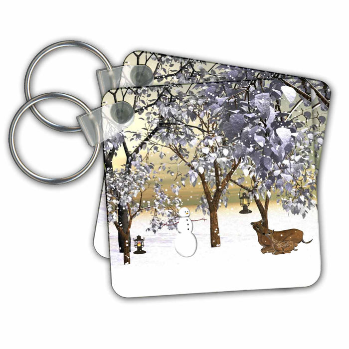 Key Chain - Snowman and Deer Family in Winter Wonderland Winter And Christmas