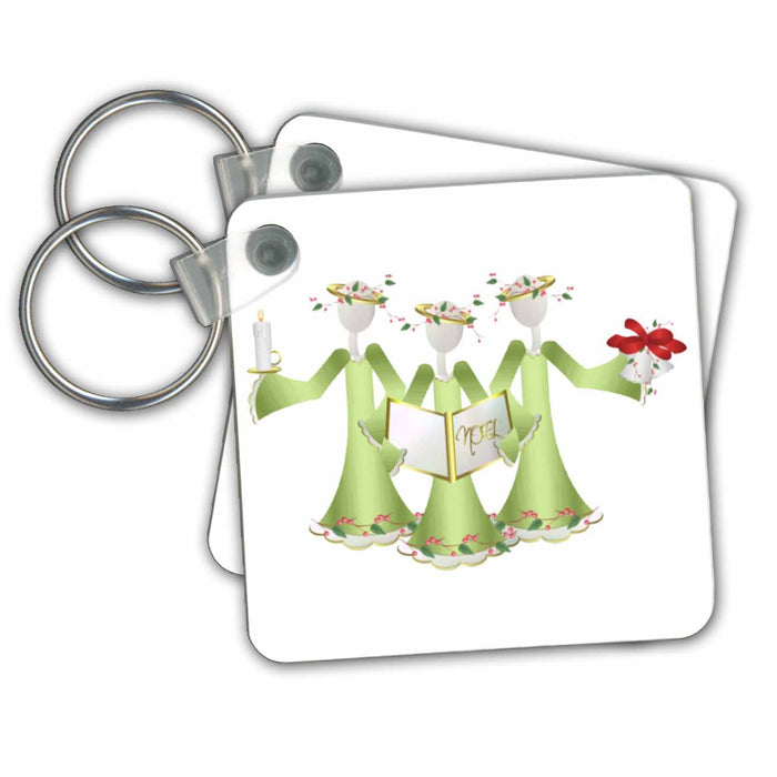 Key Chain - Three Christmas Angels in Green Christmas