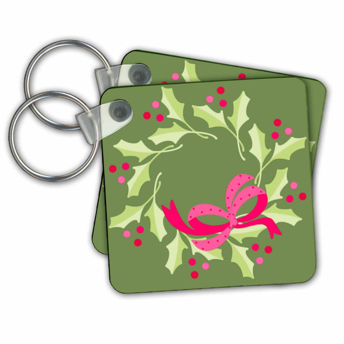 Key Chain - Green and Pink Christmas Wreath Christmas