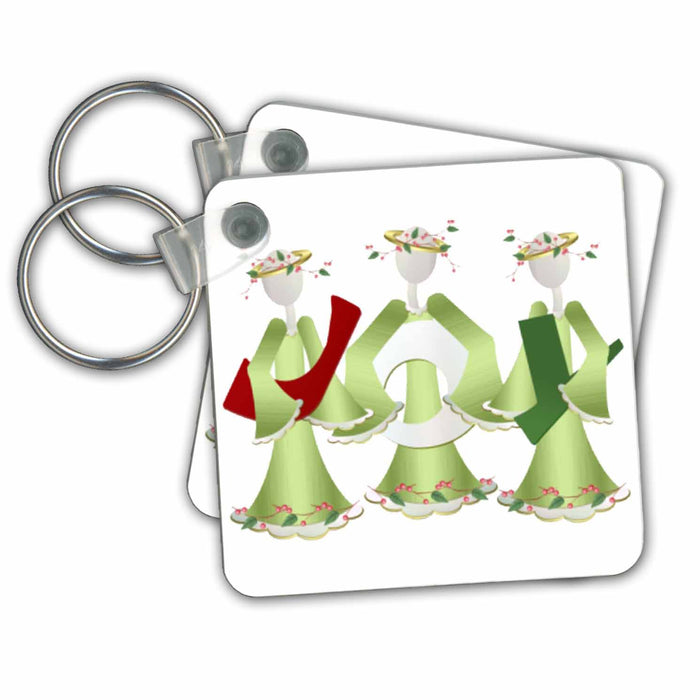 Key Chain - Three Green Angels With Joy Christmas