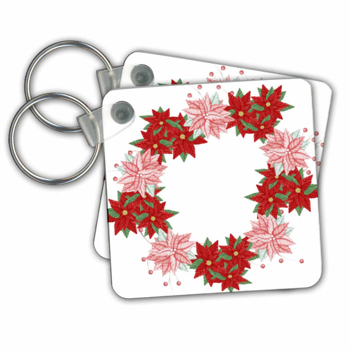 Key Chain - Peppermint Poinsettia Wreath Christmas