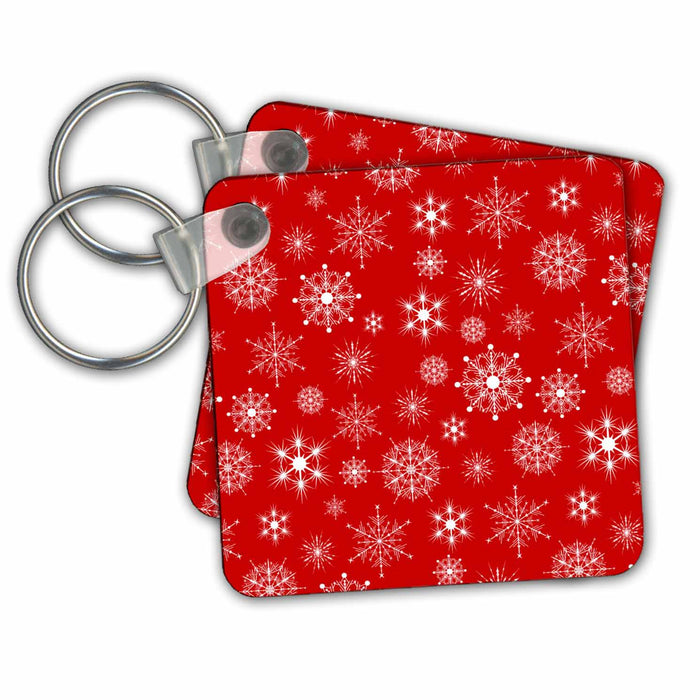 Key Chain - White Snowflakes Red Background Winter