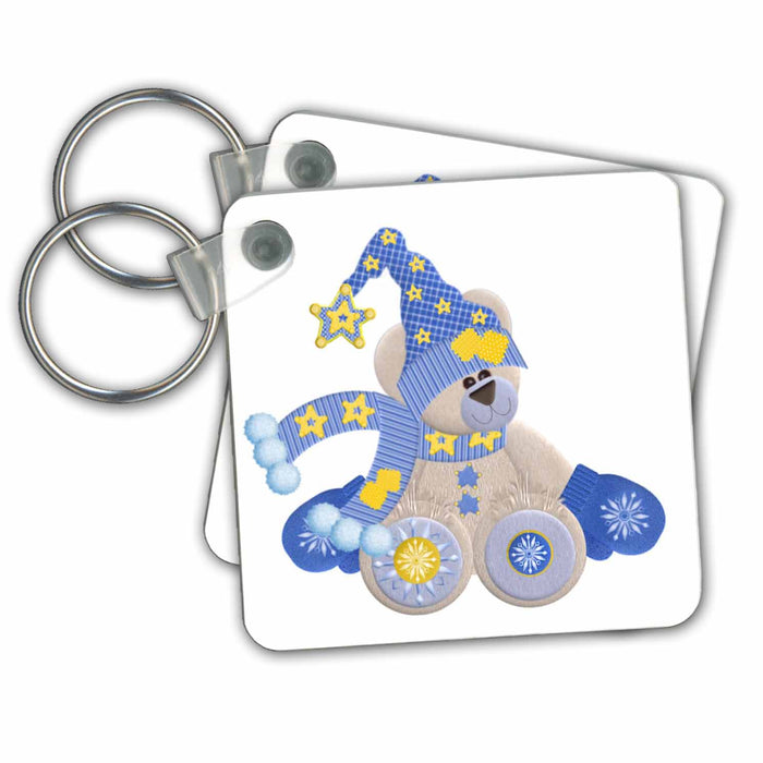 Key Chain - Teddy Bear Dressed for Winter in Blue and Gold Winter