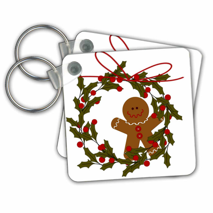 Key Chain - Wreath With Gingerbread Man and Holly Christmas