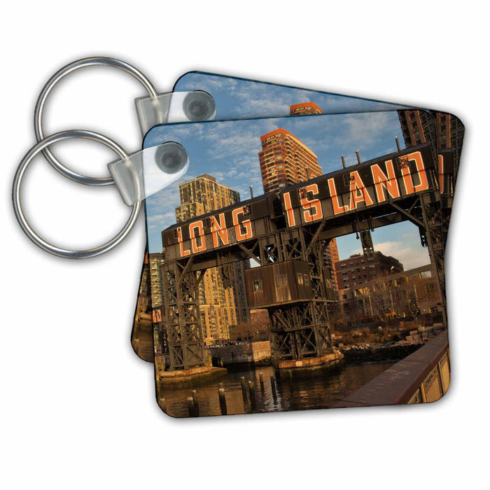 Key Chain - Long Island sign at Gantry Park, buildings in background, on east river. NYC