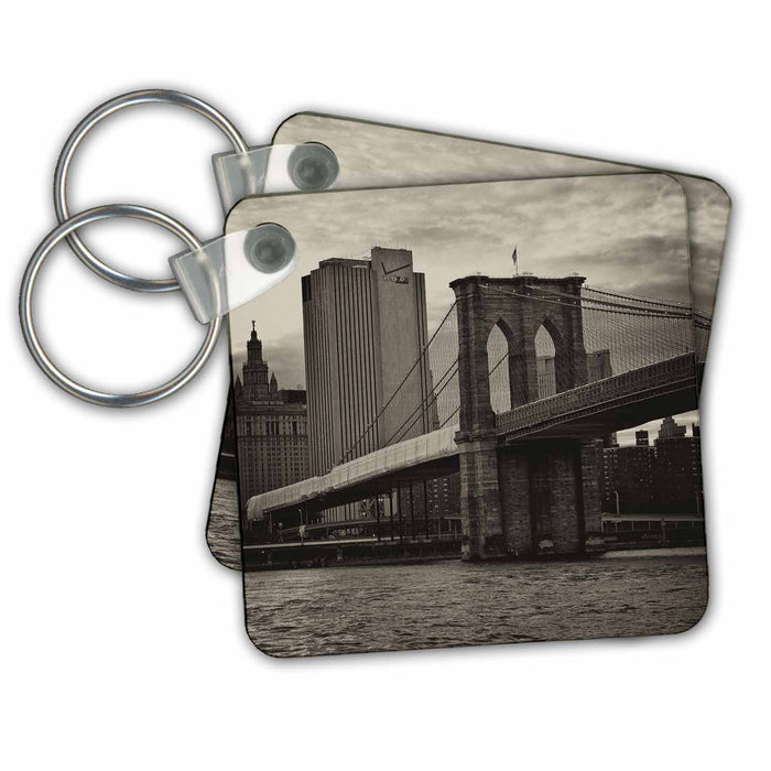 Key Chain - Brooklyn Bridge, East River, part of NYC skyline in Sepia NYC