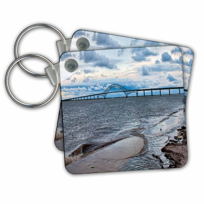 Key Chain - Robert Moses Causeway bridge going to fire island, sand, water and cloudy sky. Sea Scapes