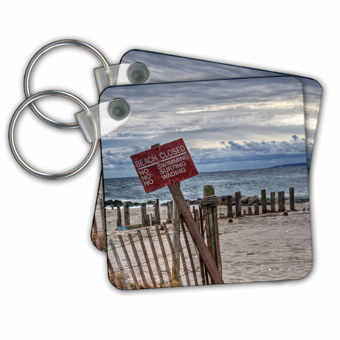 Key Chain - Beach Closed red sign in color, sand ocean, beach fence. Sea Scapes