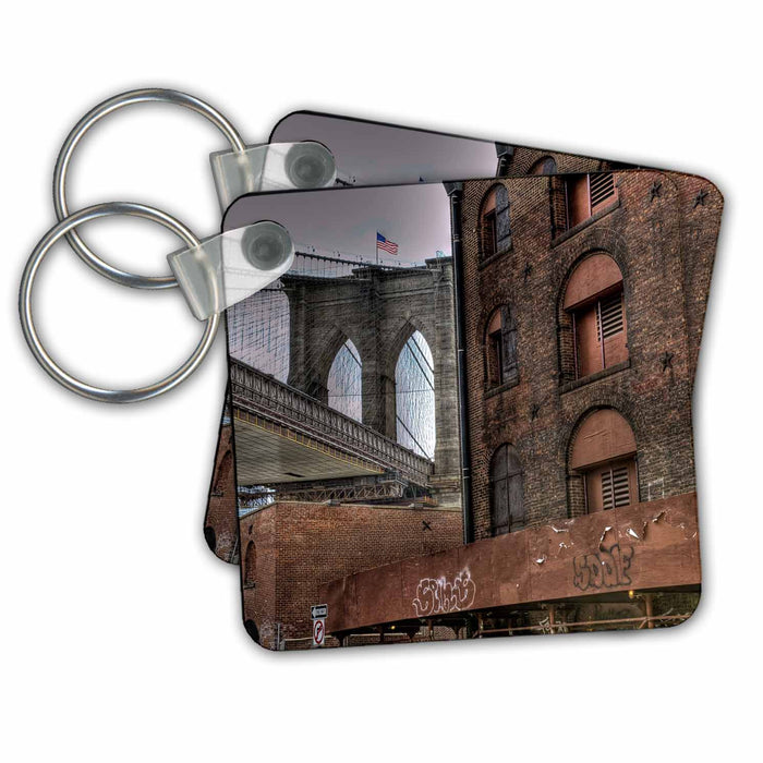 Key Chain - Brooklyn Bridge, DUMBO, American Flag on top of bridge NYC