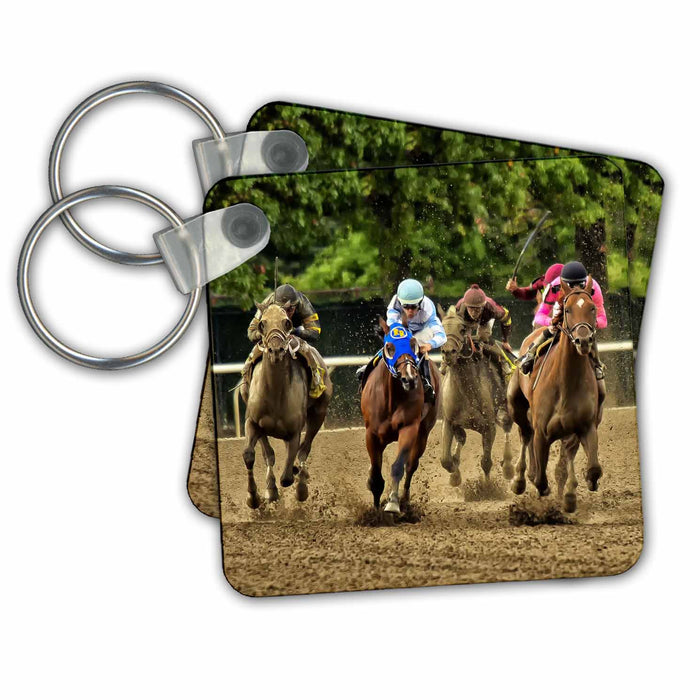 Key Chain - Horses and jockeys racing to finish line, mud flying Animals