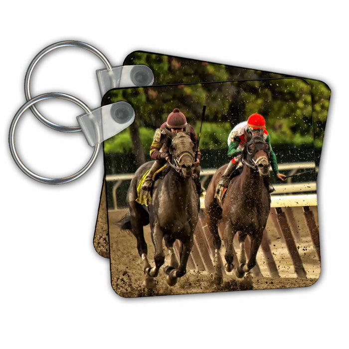 Key Chain - two horses and jockeys racing to finish line, mud flying. Animals