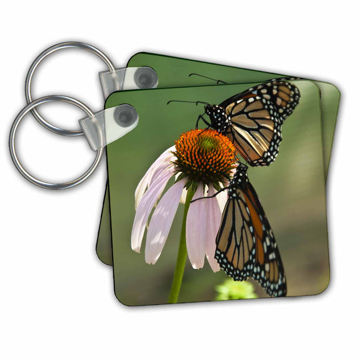 Key Chain - 2 monarch Butterflies on pink flower Floral