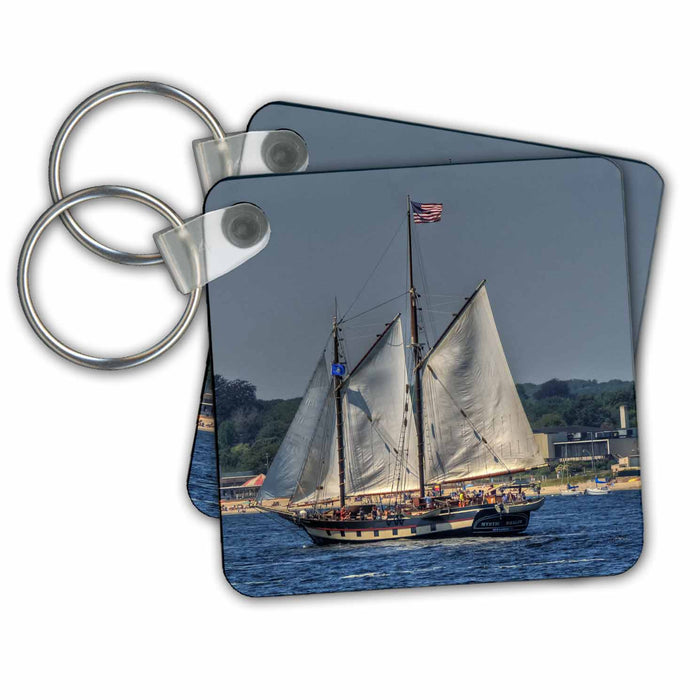 Key Chain - Sailing 3 masted ship, American Flag at top Sea Scapes