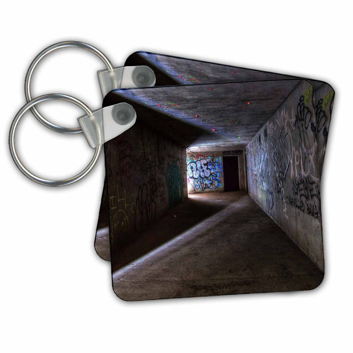 Key Chain - Abandoned tunnel with graffiti and light streaming thru Photography