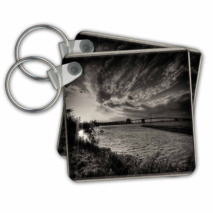 Key Chain - black and white photos of water with bridge in background. Sea Scapes