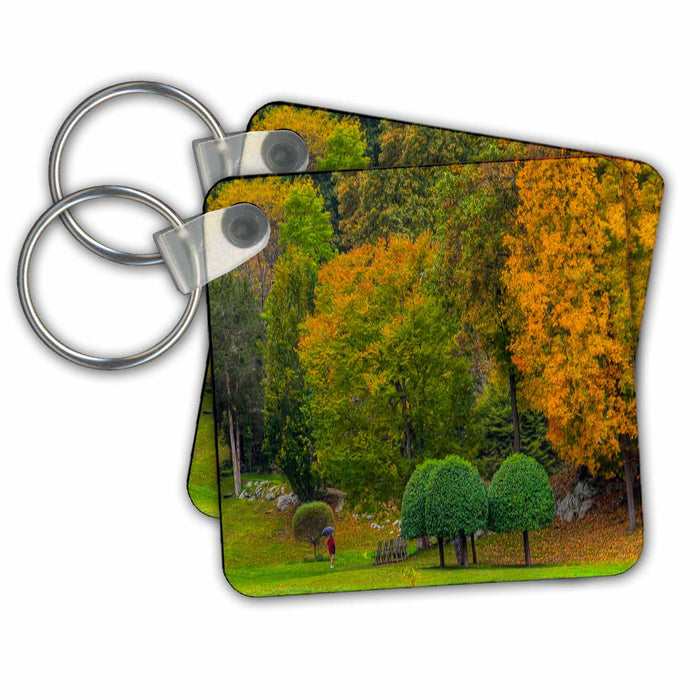 Key Chain - grouping of 3 green umbrella trees surrounded by larger orange trees Photography