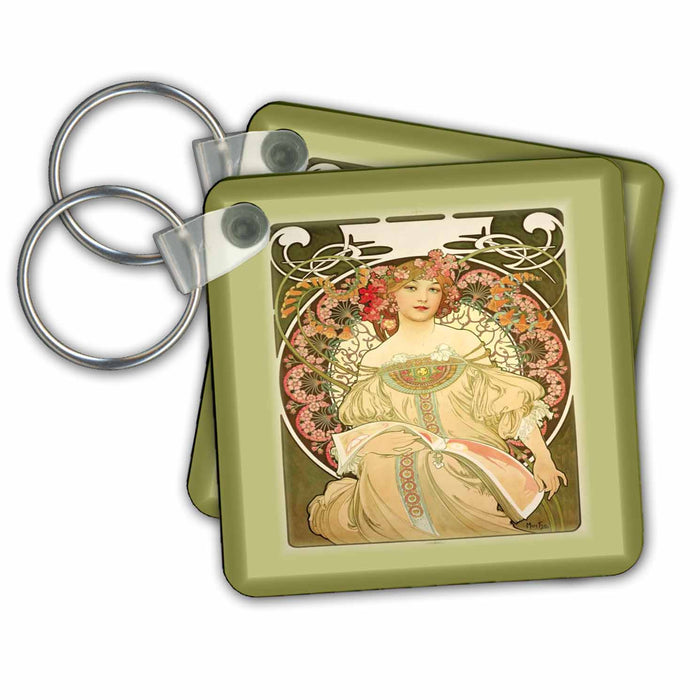 Key Chain - Muchas Art Nouveau Painting Of Pretty Lady With Flowers Around Her.jp Famous Art