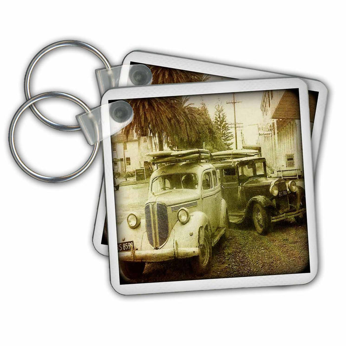 Key Chain - Vintage classic old Woody Surf Car Surfing Art