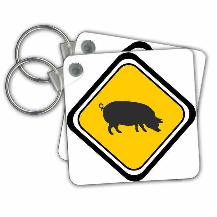 Key Chain - Caution Pig Crossing Animals