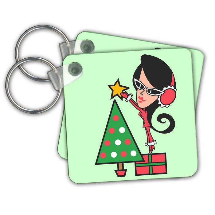 Key Chain - Retro Girl Decorating Christmas Tree Christmas