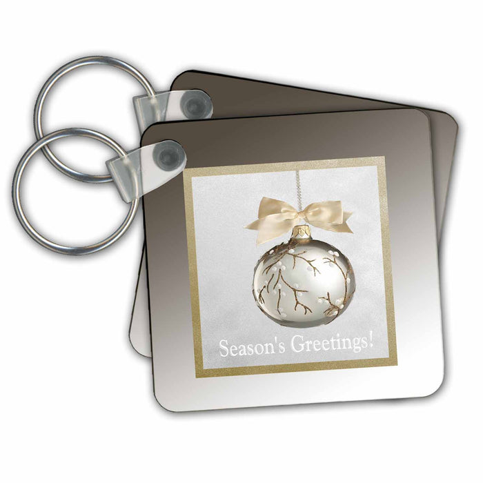 Key Chain - Christmas Ornament White Berry Vine with Bow, Gold and Silver, Seasons Greetings Christmas Design