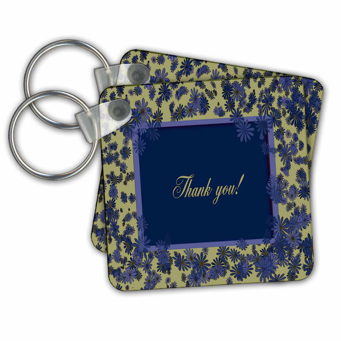 Key Chain - Flowers framing Thank you, Blue and Yellow Thank you Design