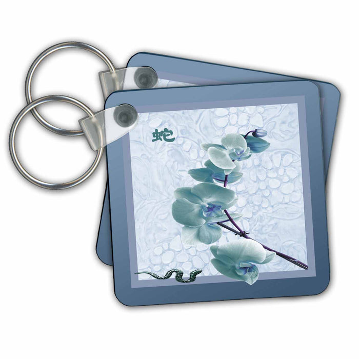 Key Chain - Orchid with Snake, Sign of the Snake, Blue Green Chinese New Year Design