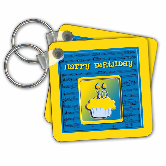 Key Chain - 10th Birthday Cupcake on Music Notes, Blue and Yellow Birthday Design