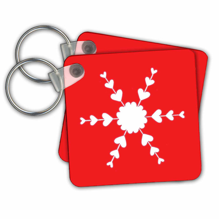 Key Chain - White Heart Snowflake on Red sArt Holidays Valentines Day