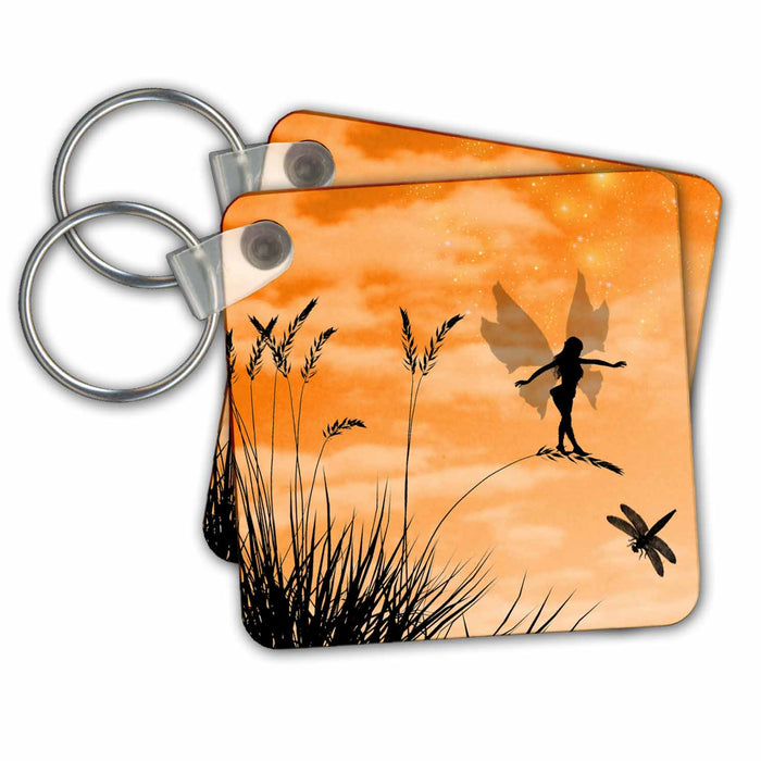 Key Chain - Fairy Silhouette with Dragonfly and Orange Sky Fairies