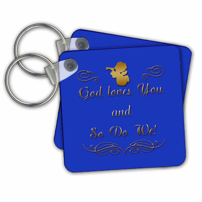 Key Chain - God loves you and so do we, in gold letters and a gold cherub on a blue background. Designs Christian